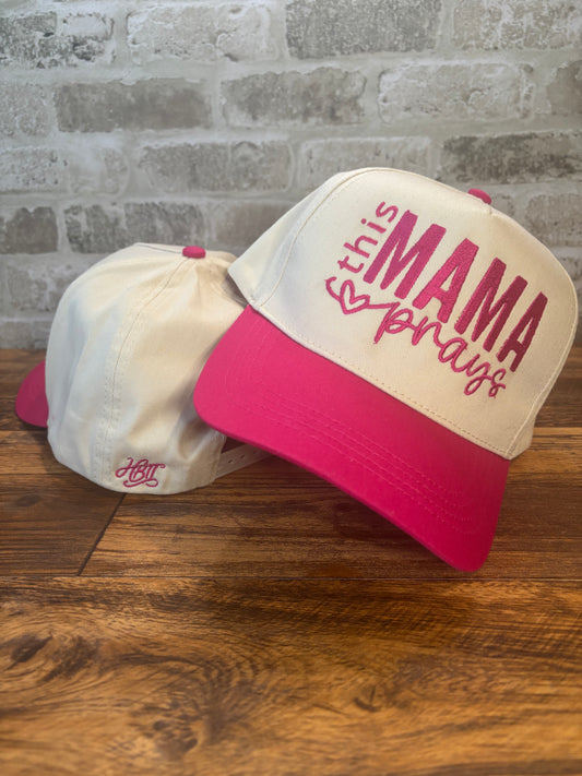 This Mama Prays Hat – Embroidered Christian Trucker Hat | Fuchsia & Neutral Mama Cap | Faith-Based Boutique Hat
